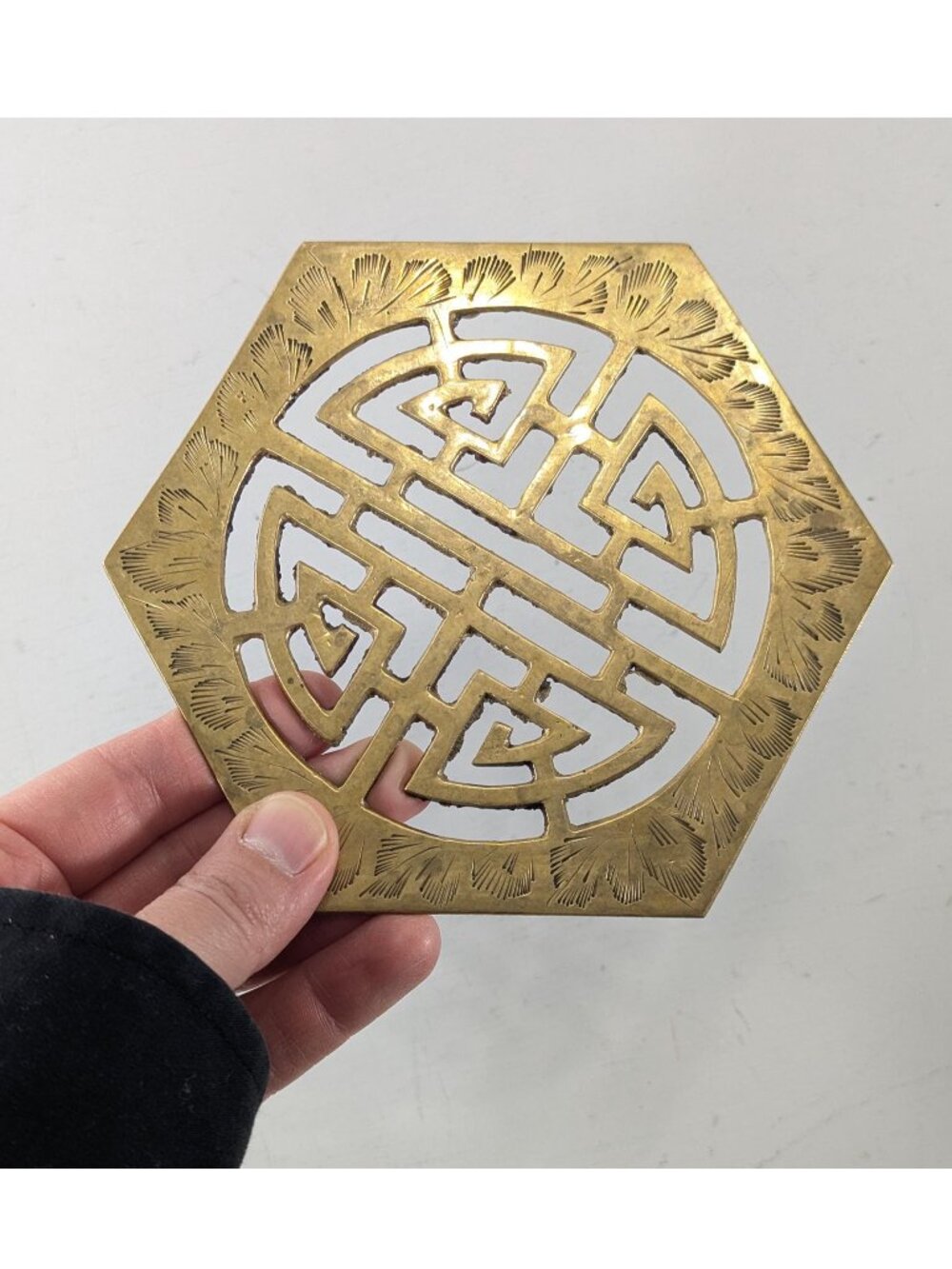 Vintage Brass Chinese Trivet: Shou Symbol, Chinoiserie Tableware Good Fortune